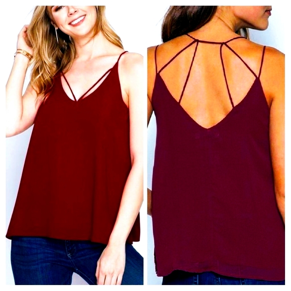 She and Sky Tops - She + Sky Wine Strappy Back Faux Suede Swing Top M